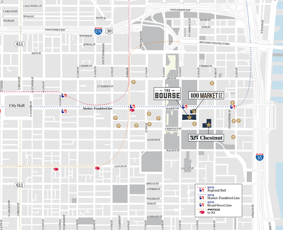 Map of The Independence Portfolio locations: The Bourse, 325 Chestnut, 400 Market Street